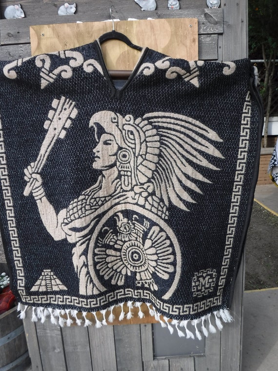 BLACK AND BEIGE   aztec warrior aztec calendar reversible  heavy thick poncho  super warm and soft free shipping