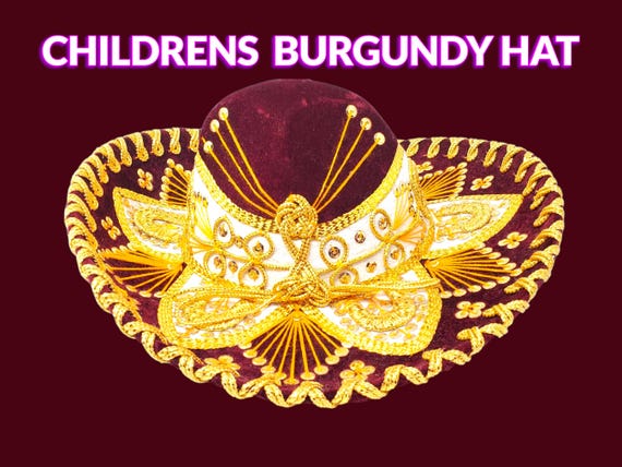 Kids Dark burgundy Sombrero with Gold Trim: Authentic Charro Hat childrens sombreros