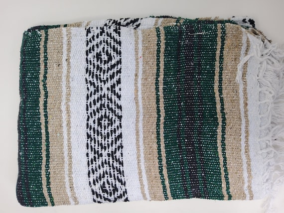 green and beige white color mexican blanket falsa blanket beach blanket 76" L x 53" w free  shipping we sell wholesale