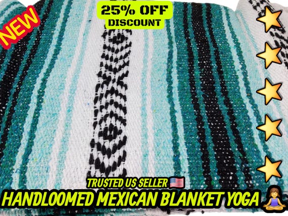 Handloomed Mexican Blanket: Green Aqua White Yoga Falsa Blanket