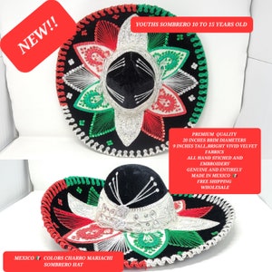 MEXICO COLOR youths sombrero charro mariachi hat for fiestas or 5 de mayo
