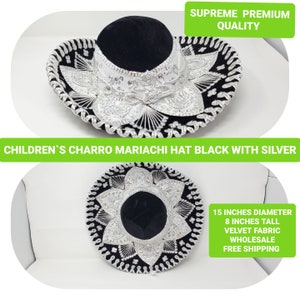 black with silver  children mexican fiesta  charro sombrero for kids for costume for 5 de mayo  mariachi free shipping
