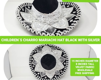 black with silver  children mexican fiesta  charro sombrero for kids for costume for 5 de mayo  mariachi free shipping