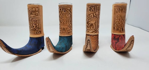 1 set of 4 mexican mini leather wrapped  boot  tequila shots shaped like boot mexican boots tequilas  free shipping we sell wholesale