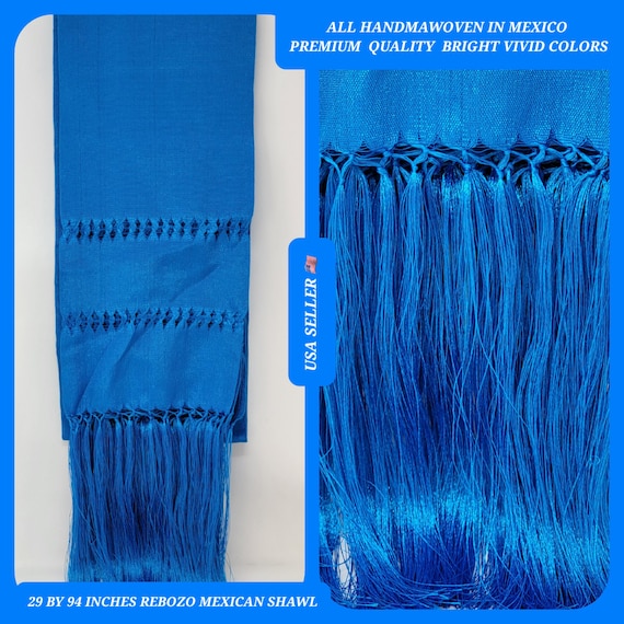 BLUE rebozo mexican tipical  Rebozo or Chalina, Mexican Shawl (94" x 24.5") silk artisela  free shipping we sell wholesale