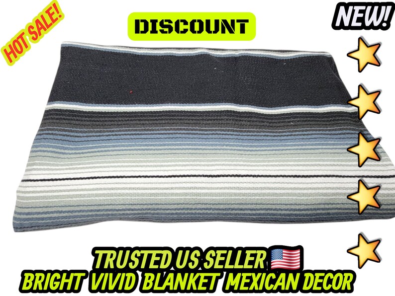 Couverture mexicaine à rayures grises et noires : falsa sarape tissé à la main (80 x 48) image 6