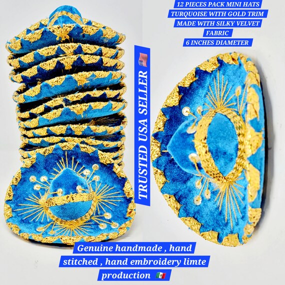 12 pack 6 inches turquoise  and gold  mini sombrero charro mexican hats
