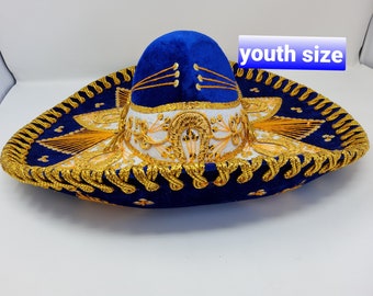 Blau und Gold Jugend Charro Sombreros Hut 12 bis 17 Jahre authentische Mariachi Hüte in Premiumqualität versandkostenfrei