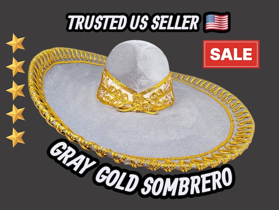 Gray Velvet Mariachi Sombrero: Golden Trim, Hand-Embroidered Charro Hat