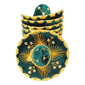 May include: A stack of small dark green velvet sombreros featuring gold metallic embroidery along the scalloped brims and crowns. Each hat is decorated with gold thread starburst patterns and small circular gold sequins arranged in clusters.