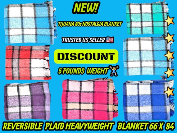 Heavy plaid Mexican Blanket: Reversible Recycled Fiber Winter Manta (84x62)