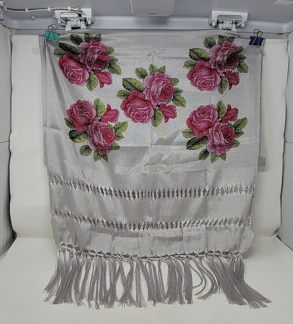 light gray floral design  rebozo mexican tipical chalina, Mexican Shawl (94" x 24.5") silk artisela