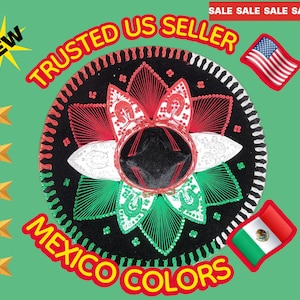 May include: A sombrero with red, white, and green embroidery, with the text "MEXICO COLORS" and "TRUSTED US SELLER". The image also includes the American and Mexican flags.