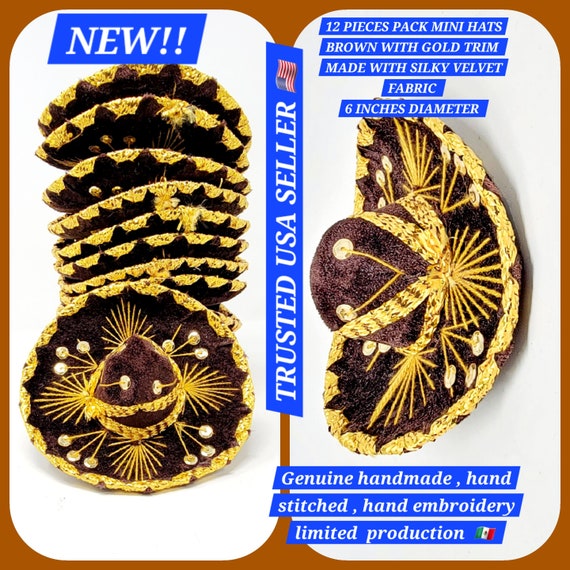 12 pack 6 inches dark chocolate brown   and gold  mini sombrero charro mexican hats