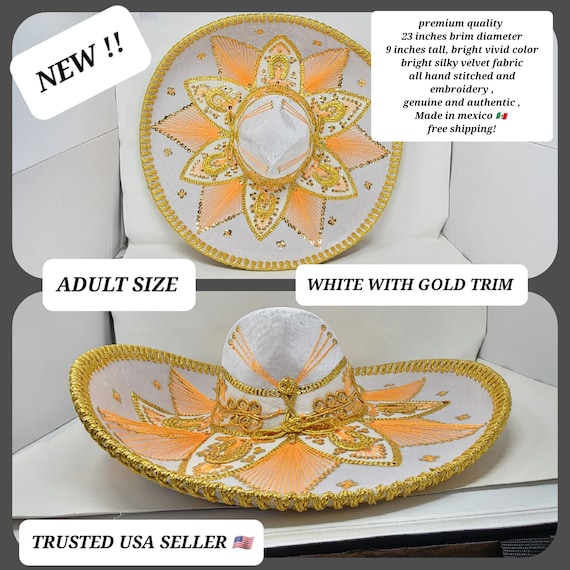 white  with gold  colors  adults sombrero charro mariachi hat for fiestas or 5 de mayo extra fancy