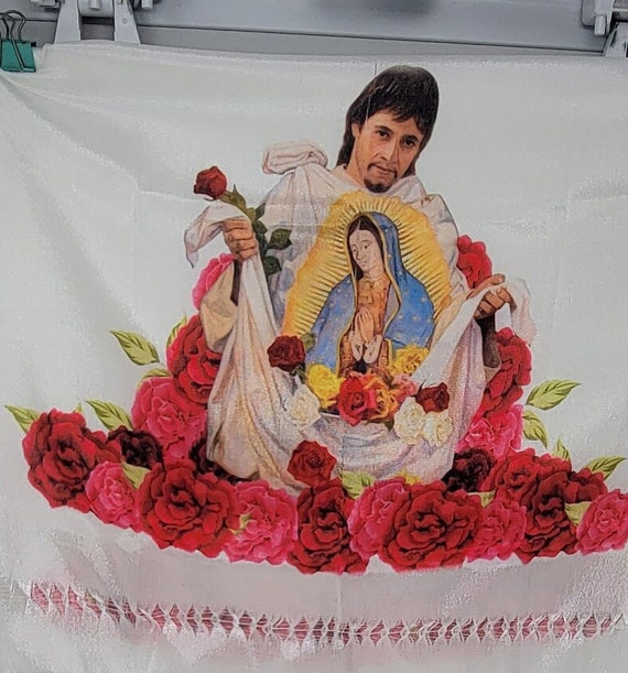 juan diego and virgin mary print  design  rebozo mexican tipical chalina, Mexican Shawl (94" x 24.5") silk artisela