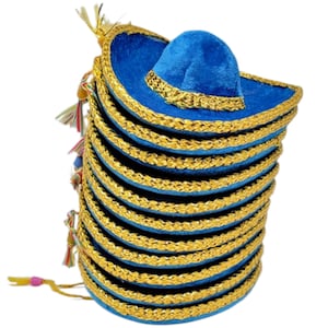 Handmade Mini Mexican Sombrero Hats – Blue with Gold Trim, Fiesta Party Favors (12 Pack)