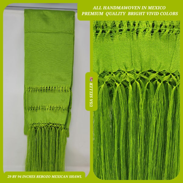 LIME GREEN rebozo mexican tipical  Rebozo or Chalina, Mexican Shawl (94" x 24.5") silk artisela  free shipping we sell wholesale