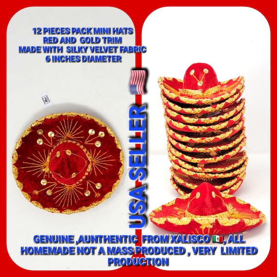 12 pack 6 inches  red  and gold mini sombrero charro mexican hats