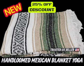 Couverture mexicaine tissée à la main : couverture falsa verte, beige et blanche - 76 x 53 en gros