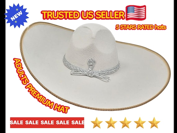Handmade White Velvet Mariachi Sombrero with Golden Trim & Embroidery