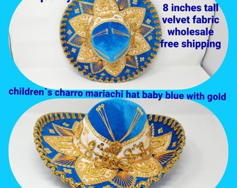 baby blue with gold children mexican fiesta  charro sombrero for kids for costume for 5 de mayo  mariachi sombrero