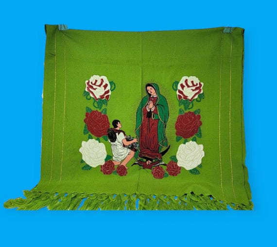 Green virgin mary print  design  rebozo mexican tipical chalina, Mexican Shawl (94" x 24.5")