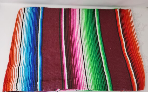 Mexican Serape Blanket Burgundy and Multi-Colored Saltillo Tablecloth Sarape 