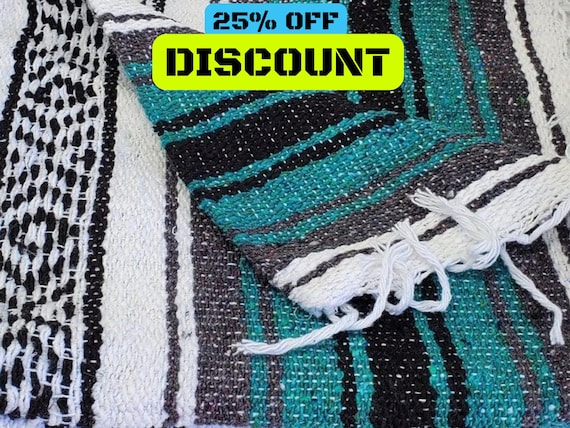 Aqua Blue Mexican Blanket: Handloomed Falsa Blanket (76" L x 53" W)
