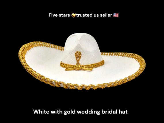 WHITE CREAM with  GOLD  colors  adults sombrero charro mariachi hat for fiestas or 5 de mayo extra fancy