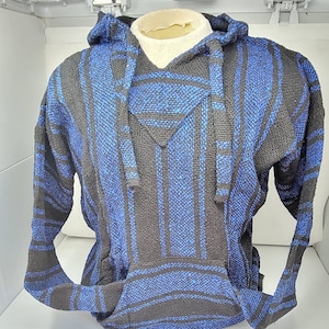 May include: A black and blue striped hooded sweatshirt with a drawstring. The sweatshirt has a pouch pocket on the front.