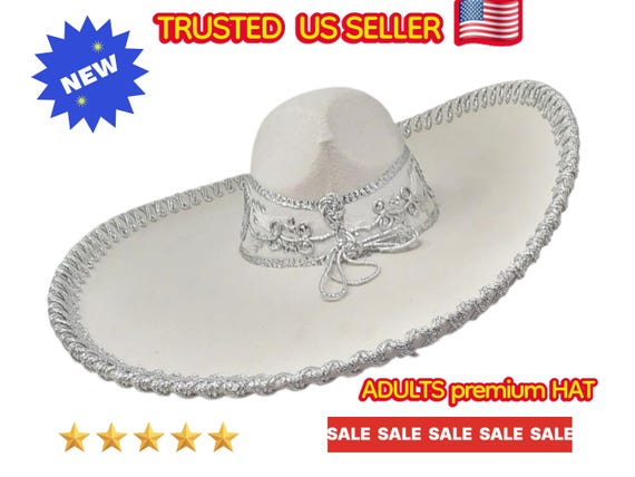 Handmade Velvet Mariachi Sombrero: White Cream with Golden Embroidery