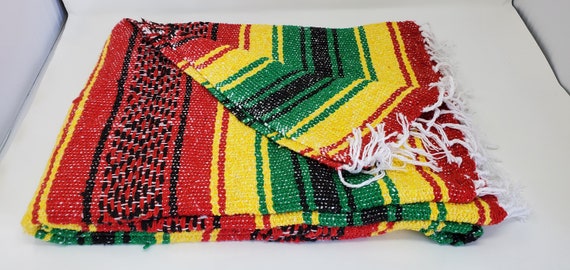 Rasta  color mexican blanket warm and thick falsa blanket beach blanket 76" L x 53" w free  shipping we sell wholesale