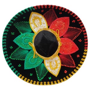May include: A black sombrero featuring a wide brim with a decorative yellow stitched edge. The crown is black, surrounded by a vibrant floral pattern in red, white, and green thread, accented with sequins and intricate embroidery throughout the design.