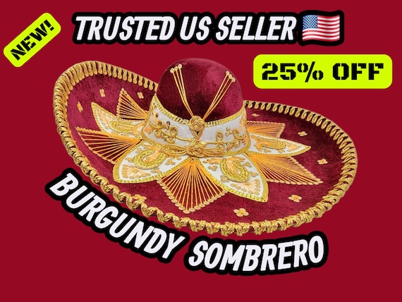 Handmade Velvet Charro Sombrero: Adult Mexican Fiesta Hat with Gold Trim burgundy