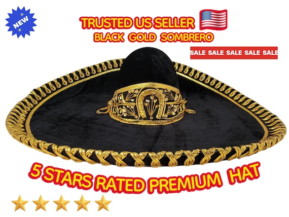 Handmade Black Velvet Mariachi Sombrero with Gold Trim