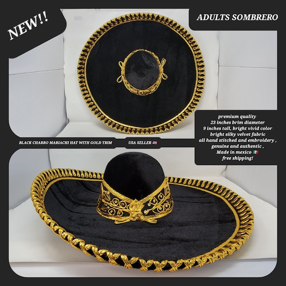 BLACK with gold trim adults sombrero charro mariachi hat for fiestas or 5 de mayo