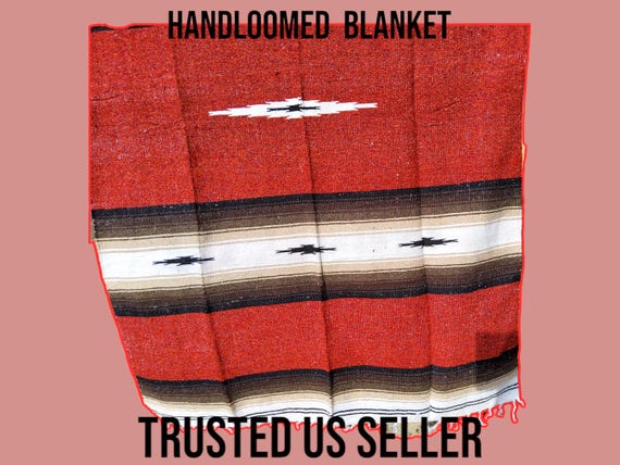 hand loomed heavy WEIGHT mexican blanket  diamond blanket falsa sarape red brick  color