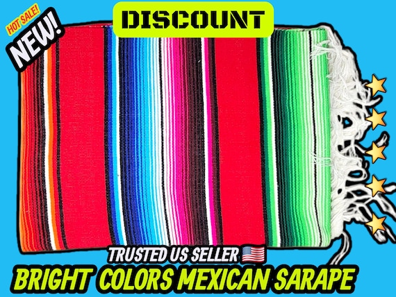 Red Mexican Blanket: Handloomed Rainbow Stripe Sarape