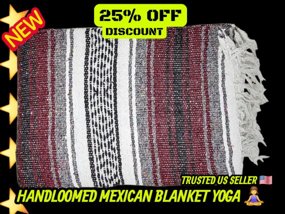 Burgundy Mexican Blanket: Warm Cotton Falsa Blanket (76" L x 53" W)