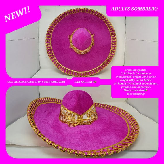 PINK with gold trim adults sombrero charro mariachi hat for fiestas or 5 de mayo