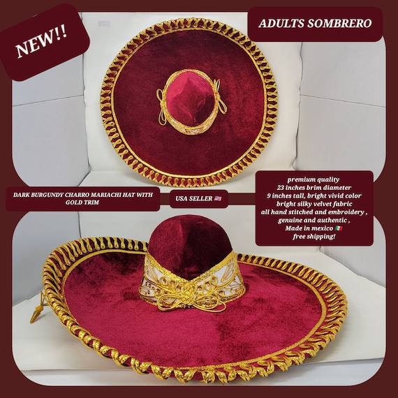 DARK BURGUNDY with gold trim adults sombrero charro mariachi hat for fiestas or 5 de mayo