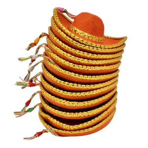 Handmade Mini Mexican Sombrero Hats – Orange with Gold Trim, Fiesta Party Favors (12 Pack)