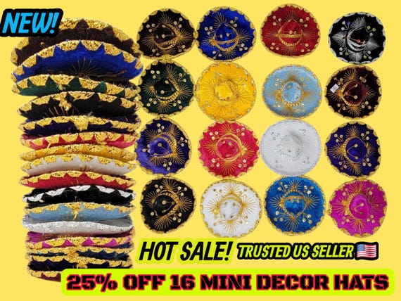 16 pack of mini mexican sombrero mariachi hats with gold trim