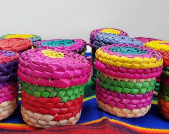 Handmade Mini Palm Basket with Lid: Colorful Mexican Jewelry Box