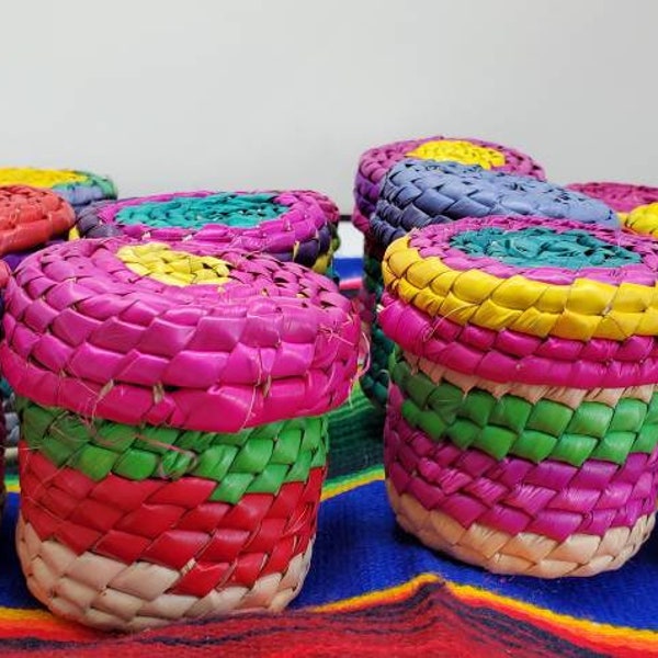 Handmade Mini Palm Basket with Lid: Colorful Mexican Jewelry Box