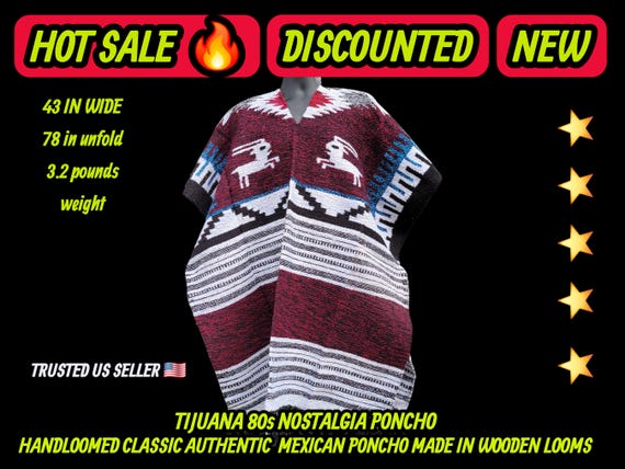Authentic unisex mexican poncho terra burgundy colors