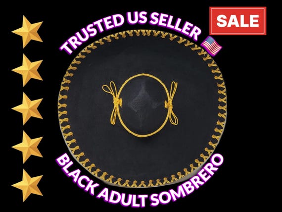 Adult Black Charro Sombrero: Gold Trim, Mexican Fiesta Hat