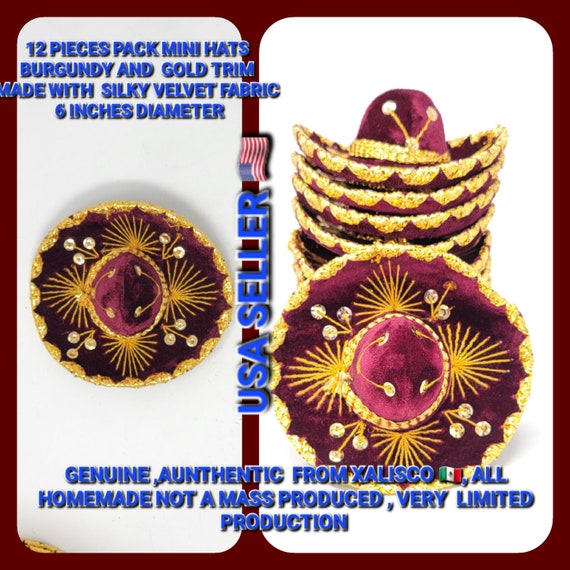 12 pack 6 inches  burgundy and gold mini sombrero charro mexican hats