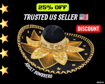 Adult Black & Gold Charro Sombrero - Authentic Mexican Fiesta Costume